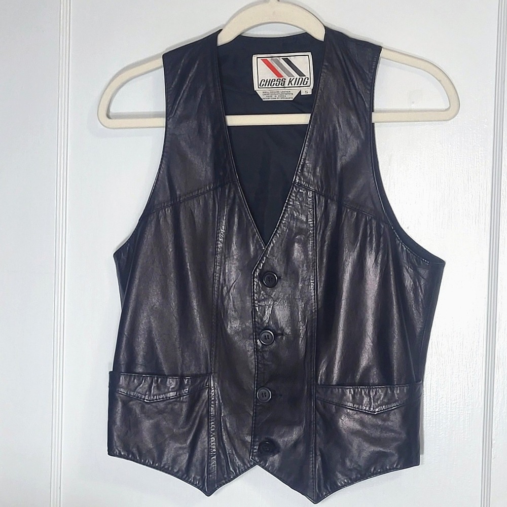 Chess King Mens Vintage Leather Vest Western Made in Korea Black Small